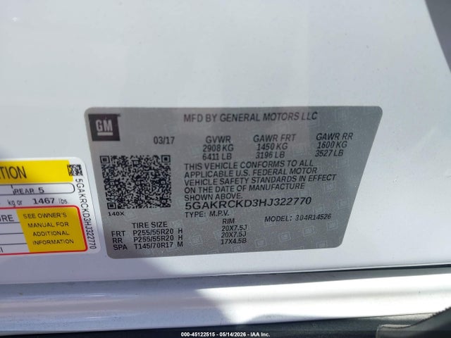 2017 Buick Enclave Premium მანქანა იყიდება აუქციონზე, vin: 5GAKRCKD3HJ322770, აუქციონის ნომერი: 45122515