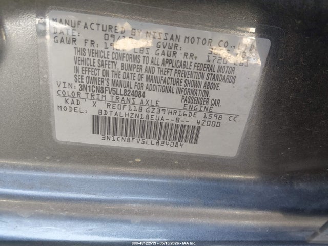 2020 Nissan Versa Sr Xtronic Cvt მანქანა იყიდება აუქციონზე, vin: 3N1CN8FV5LL824084, აუქციონის ნომერი: 45122519