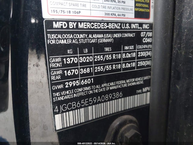 2009 Mercedes-benz R 350 4matic მანქანა იყიდება აუქციონზე, vin: 4JGCB65E59A089386, აუქციონის ნომერი: 45122522