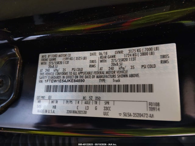 45122523 :رقم المزاد ، 1FTEW1E54JKE84890 vin ، 2018 Ford F-150 Lariat مزاد بيع