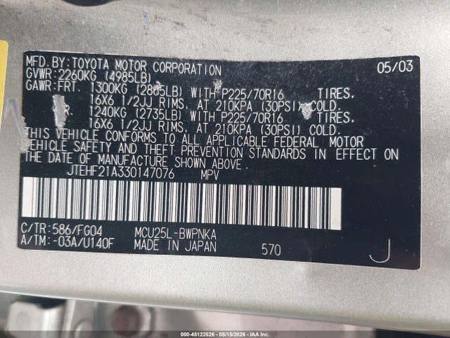 Продаж на аукціоні авто 2003 Toyota Highlander V6, vin: JTEHF21A330147076, номер лоту: 45122526