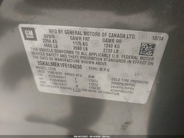 Продаж на аукціоні авто 2015 Gmc Terrain Sle-1, vin: 2GKALMEK1F6184236, номер лоту: 45122532