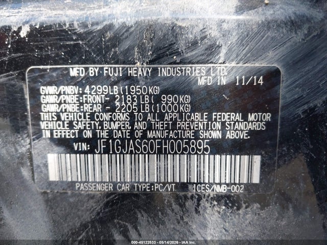 2015 Subaru Impreza 2.0i Limited მანქანა იყიდება აუქციონზე, vin: JF1GJAS60FH005895, აუქციონის ნომერი: 45122533