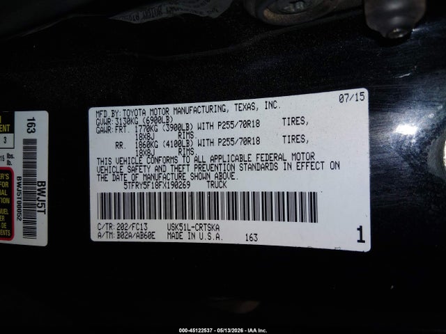2015 Toyota Tundra Sr5 5.7l V8 მანქანა იყიდება აუქციონზე, vin: 5TFRY5F18FX190269, აუქციონის ნომერი: 45122537