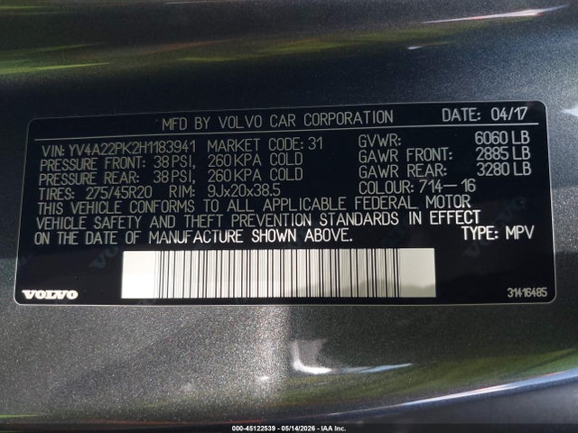 Aukcja sprzedaży 2017 Volvo Xc90 T6 Momentum, vin: YV4A22PK2H1183941, numer aukcji: 45122539