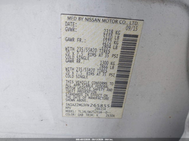 2015 Nissan Murano Platinum მანქანა იყიდება აუქციონზე, vin: 5N1AZ2MG3FN265855, აუქციონის ნომერი: 45122538