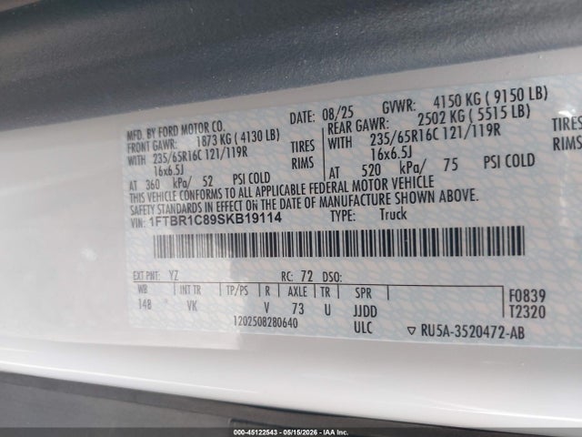 2025 Ford Transit-250 მანქანა იყიდება აუქციონზე, vin: 1FTBR1C89SKB19114, აუქციონის ნომერი: 45122543