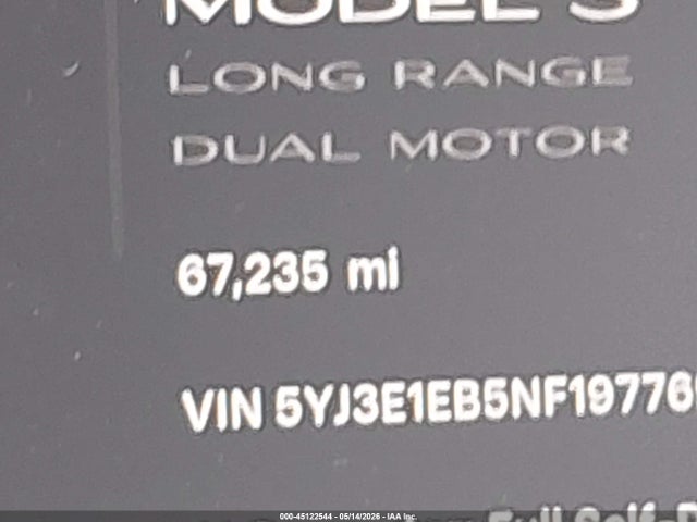 Aukcja sprzedaży 2022 Tesla Model 3 Long Range Dual Motor All-wheel Drive, vin: 5YJ3E1EB5NF197769, numer aukcji: 45122544