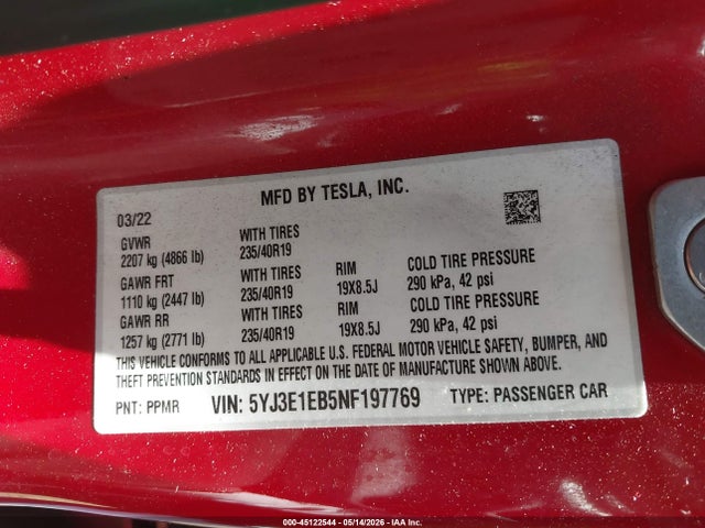 Aukcja sprzedaży 2022 Tesla Model 3 Long Range Dual Motor All-wheel Drive, vin: 5YJ3E1EB5NF197769, numer aukcji: 45122544