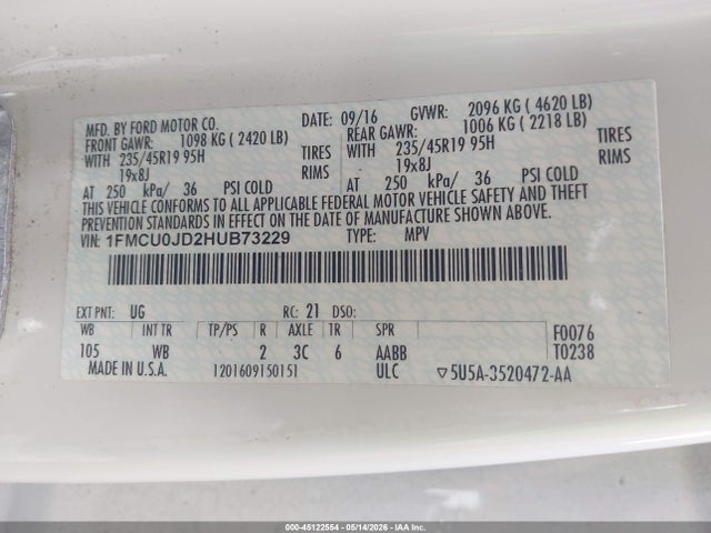 Продаж на аукціоні авто 2017 Ford Escape Titanium, vin: 1FMCU0JD2HUB73229, номер лоту: 45122554