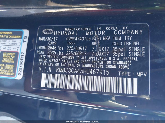 Продаж на аукціоні авто 2017 Hyundai Tucson Se, vin: KM8J3CA45HU467915, номер лоту: 45122555