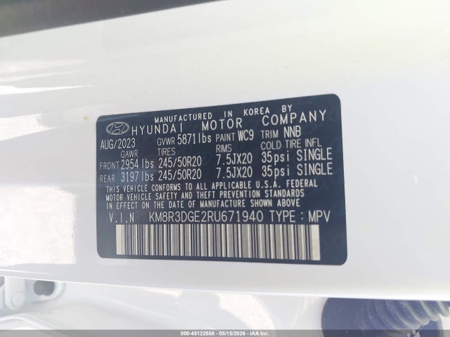 Aukcja sprzedaży 2024 Hyundai Palisade Xrt, vin: KM8R3DGE2RU671940, numer aukcji: 45122558
