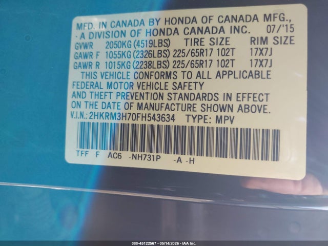 Продажа на аукционе авто 2015 Honda Cr-v Ex-l, vin: 2HKRM3H70FH543634, номер лота: 45122567
