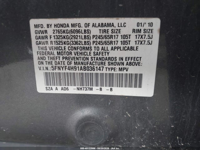 Продаж на аукціоні авто 2010 Honda Pilot Touring, vin: 5FNYF4H91AB036147, номер лоту: 45122566