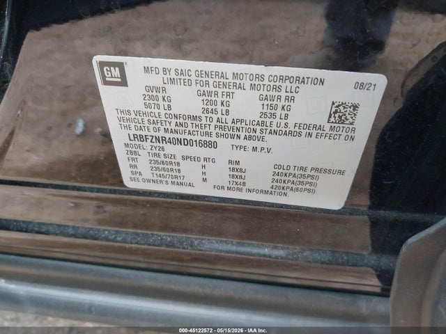 Aukcja sprzedaży 2022 Buick Envision Fwd Essence, vin: LRBFZNR40ND016880, numer aukcji: 45122572
