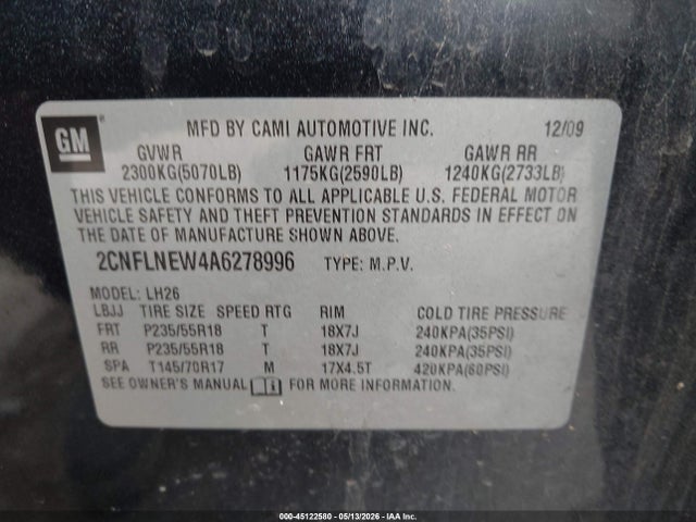 2010 Chevrolet Equinox Lt მანქანა იყიდება აუქციონზე, vin: 2CNFLNEW4A6278996, აუქციონის ნომერი: 45122580