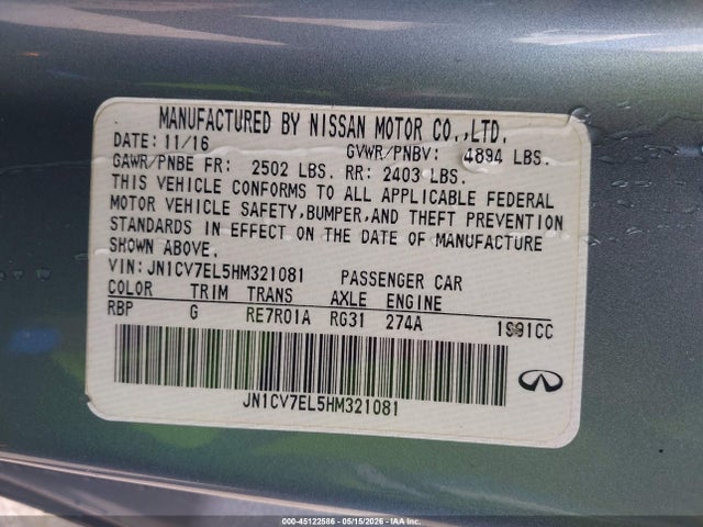 Продажа на аукционе авто 2017 Infiniti Q60 2.0t Premium, vin: JN1CV7EL5HM321081, номер лота: 45122586
