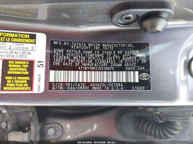 Продаж на аукціоні авто 2018 Toyota Camry Le, vin: 4T1B11HK2JU536875, номер лоту: 45122593