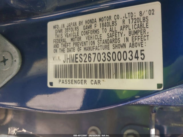 Продаж на аукціоні авто 2003 Honda Civic Ex, vin: JHMES26703S000345, номер лоту: 45122597