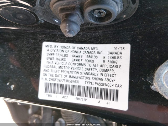 2018 Honda Civic Ex მანქანა იყიდება აუქციონზე, vin: 2HGFC2F73JH597631, აუქციონის ნომერი: 45122598