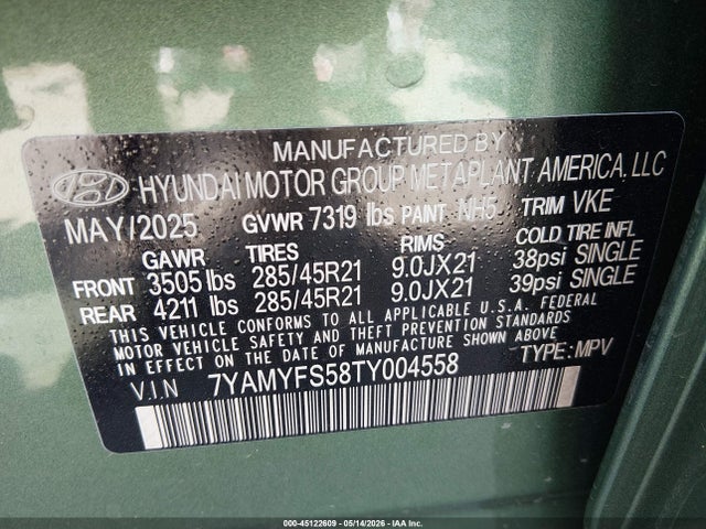 Aukcja sprzedaży 2026 Hyundai Ioniq 9 Performance Calligraphy, vin: 7YAMYFS58TY004558, numer aukcji: 45122609