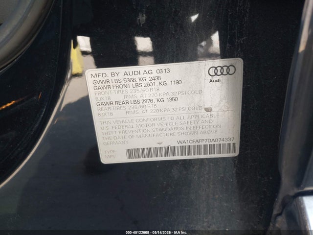 45122608 :رقم المزاد ، WA1CFAFP7DA074337 vin ، 2013 Audi Q5 2.0t Premium مزاد بيع