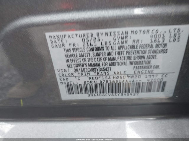 Aukcja sprzedaży 2025 Nissan Sentra Sv, vin: 3N1AB8CV8SY345437, numer aukcji: 45122617