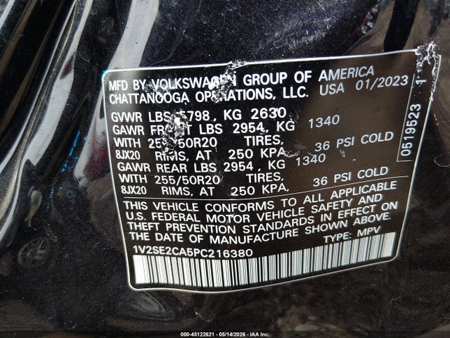 45122621 :رقم المزاد ، 1V2SE2CA5PC216380 vin ، 2023 Volkswagen Atlas Cross Sport 3.6l V6 Sel/3.6l V6 Sel R-line Black مزاد بيع