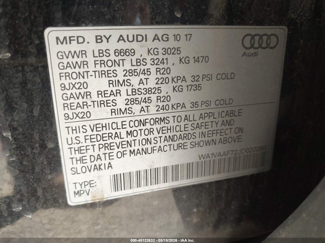 Продажа на аукционе авто 2018 Audi Q7 3.0t Premium, vin: WA1VAAF72JD020266, номер лота: 45122632
