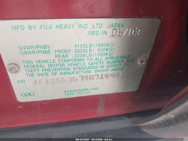 Aukcja sprzedaży 2004 Subaru Forester 2.5x, vin: JF1SG63674H714941, numer aukcji: 45122637
