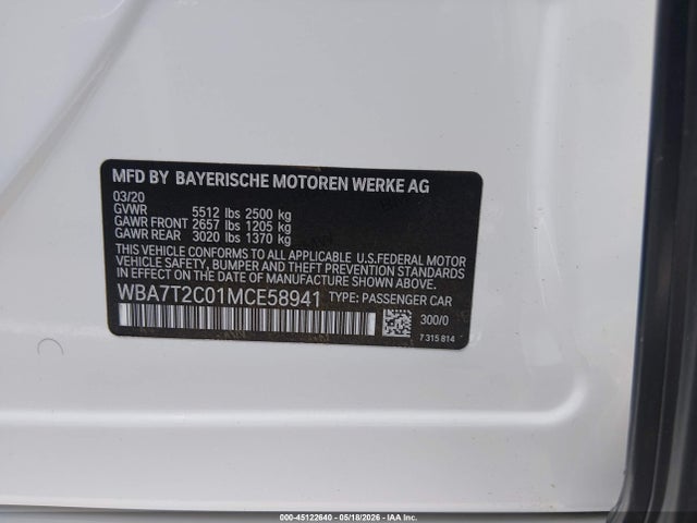 45122640 :رقم المزاد ، WBA7T2C01MCE58941 vin ، 2021 Bmw 740i مزاد بيع