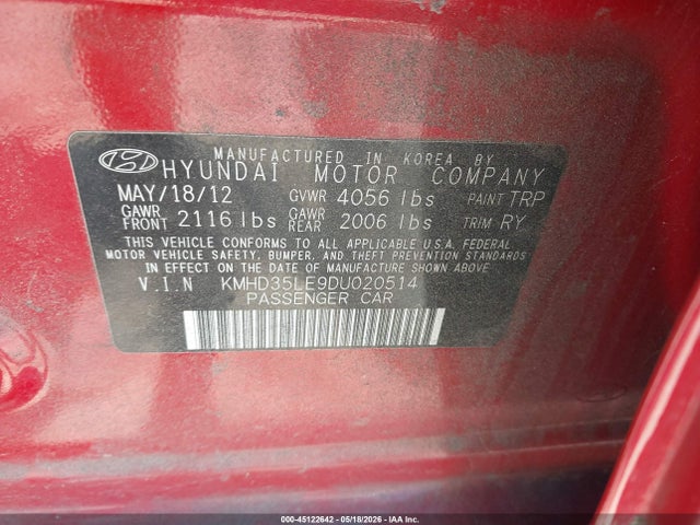 2013 Hyundai Elantra Gt მანქანა იყიდება აუქციონზე, vin: KMHD35LE9DU020514, აუქციონის ნომერი: 45122642