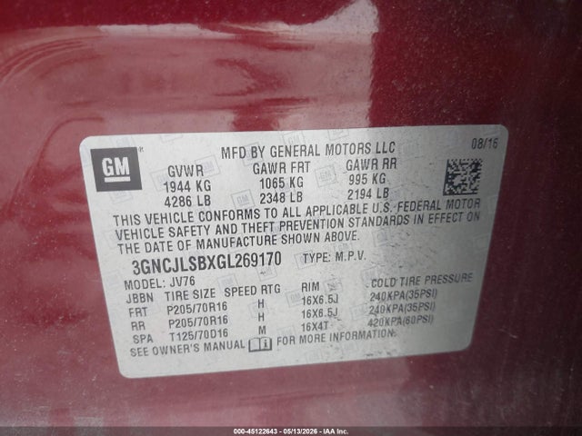 Продажа на аукционе авто 2016 Chevrolet Trax Lt, vin: 3GNCJLSBXGL269170, номер лота: 45122643
