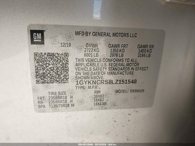 45122646 :رقم المزاد ، 1GYKNCRS8LZ151548 vin ، 2020 Cadillac Xt5 Fwd Premium Luxury مزاد بيع