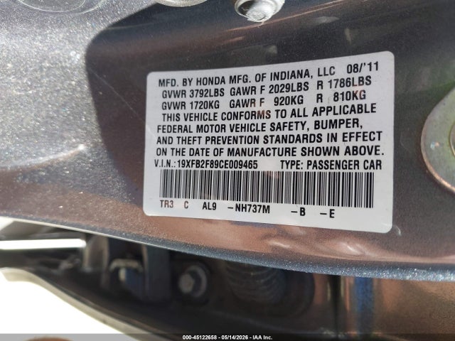 2012 Honda Civic Ex მანქანა იყიდება აუქციონზე, vin: 19XFB2F89CE009465, აუქციონის ნომერი: 45122658