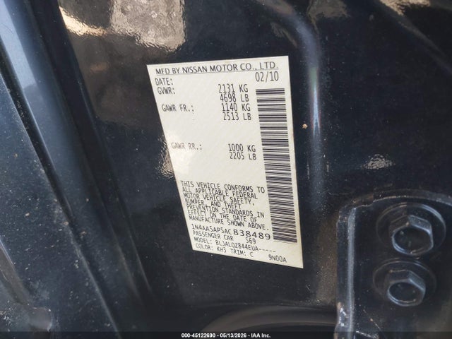45122690 :رقم المزاد ، 1N4AA5AP5AC838489 vin ، 2010 Nissan Maxima 3.5 S مزاد بيع