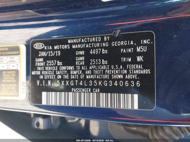 Aukcja sprzedaży 2019 Kia Optima Lx, vin: 5XXGT4L35KG340636, numer aukcji: 45122699