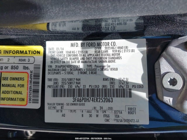 Aukcja sprzedaży 2014 Ford Fusion Se, vin: 3FA6P0H74ER252063, numer aukcji: 45122704