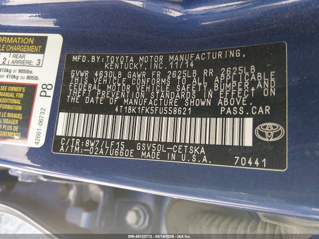 45122713 :رقم المزاد ، 4T1BK1FK5FU558621 vin ، 2015 Toyota Camry Xse V6 مزاد بيع