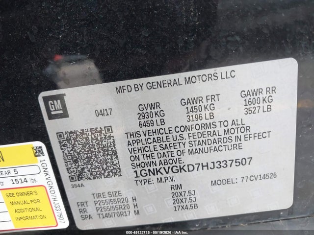 Продаж на аукціоні авто 2017 Chevrolet Traverse 1lt, vin: 1GNKVGKD7HJ337507, номер лоту: 45122715