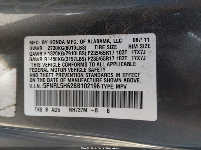 Продажа на аукционе авто 2011 Honda Odyssey Ex-l, vin: 5FNRL5H62BB102196, номер лота: 45122716
