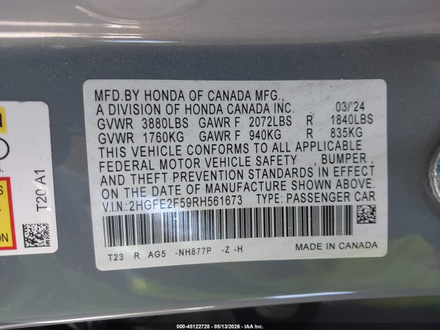 2HGFE2F59RH561673 Honda Civic Sport