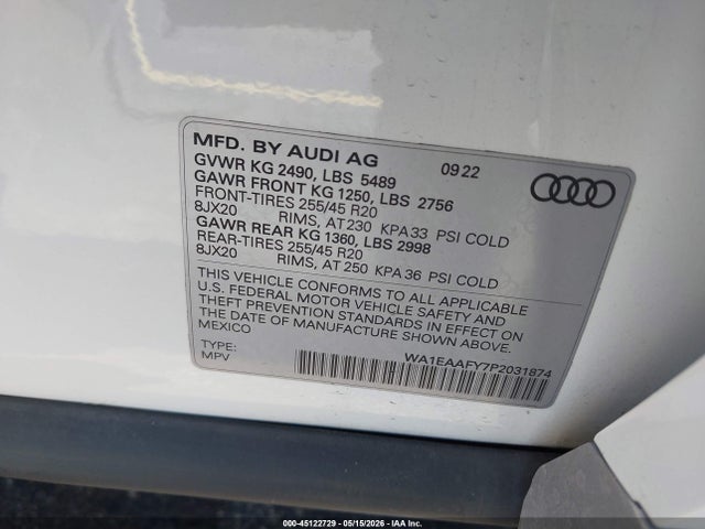 45122729 :رقم المزاد ، WA1EAAFY7P2031874 vin ، 2023 Audi Q5 Premium Plus 45 Tfsi S Line Quattro مزاد بيع