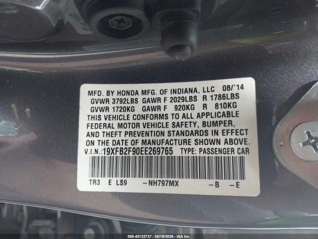Aukcja sprzedaży 2014 Honda Civic Ex-l, vin: 19XFB2F90EE269765, numer aukcji: 45122737