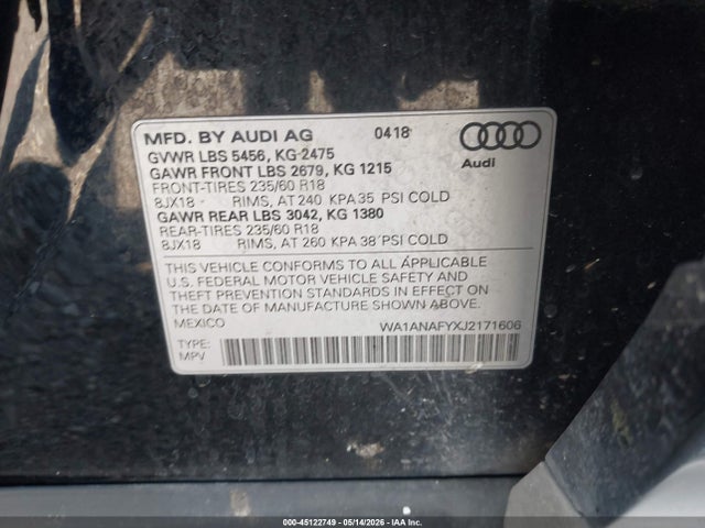 45122749 :رقم المزاد ، WA1ANAFYXJ2171606 vin ، 2018 Audi Q5 2.0t Premium/2.0t Tech Premium مزاد بيع