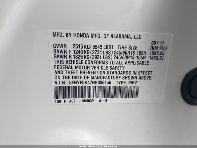 Продаж на аукціоні авто 2017 Honda Pilot Ex, vin: 5FNYF5H47HB036156, номер лоту: 45122755