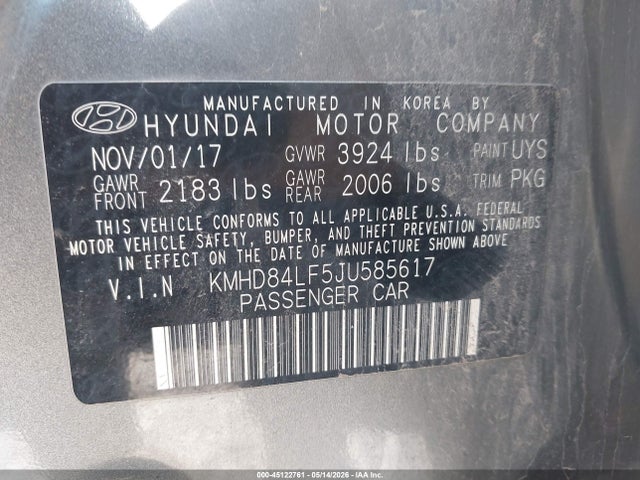 Aukcja sprzedaży 2018 Hyundai Elantra Sel, vin: KMHD84LF5JU585617, numer aukcji: 45122761