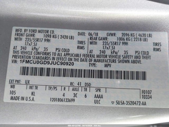 Aukcja sprzedaży 2018 Ford Escape Se, vin: 1FMCU0GD9JUC90920, numer aukcji: 45122766