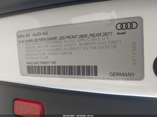 Aukcja sprzedaży 2019 Audi A6 55 Premium, vin: WAUL2AF27KN037183, numer aukcji: 45122801
