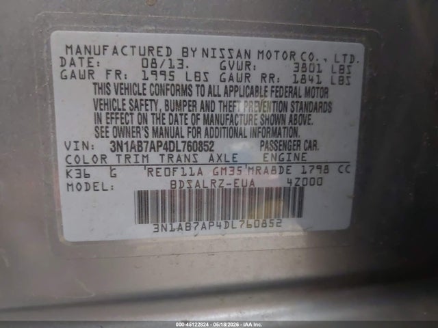 Продажа на аукционе авто 2013 Nissan Sentra Sr, vin: 3N1AB7AP4DL760852, номер лота: 45122824